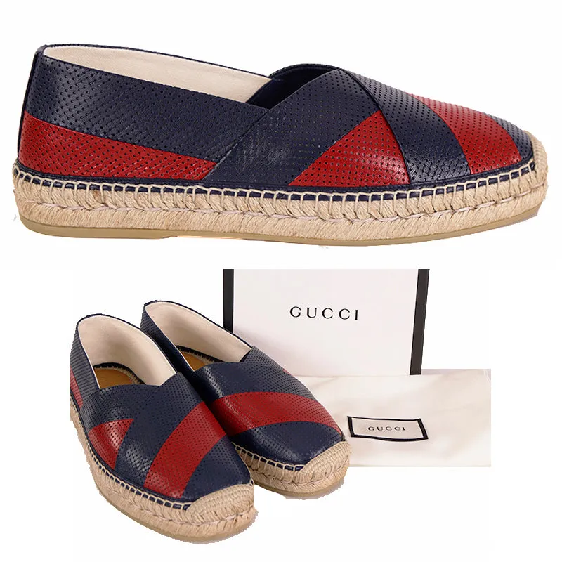 8.5G US 9 NEW $615 GUCCI Men's Blue Red PERFORATED LEATHER Flats ESPADRILLES NIB