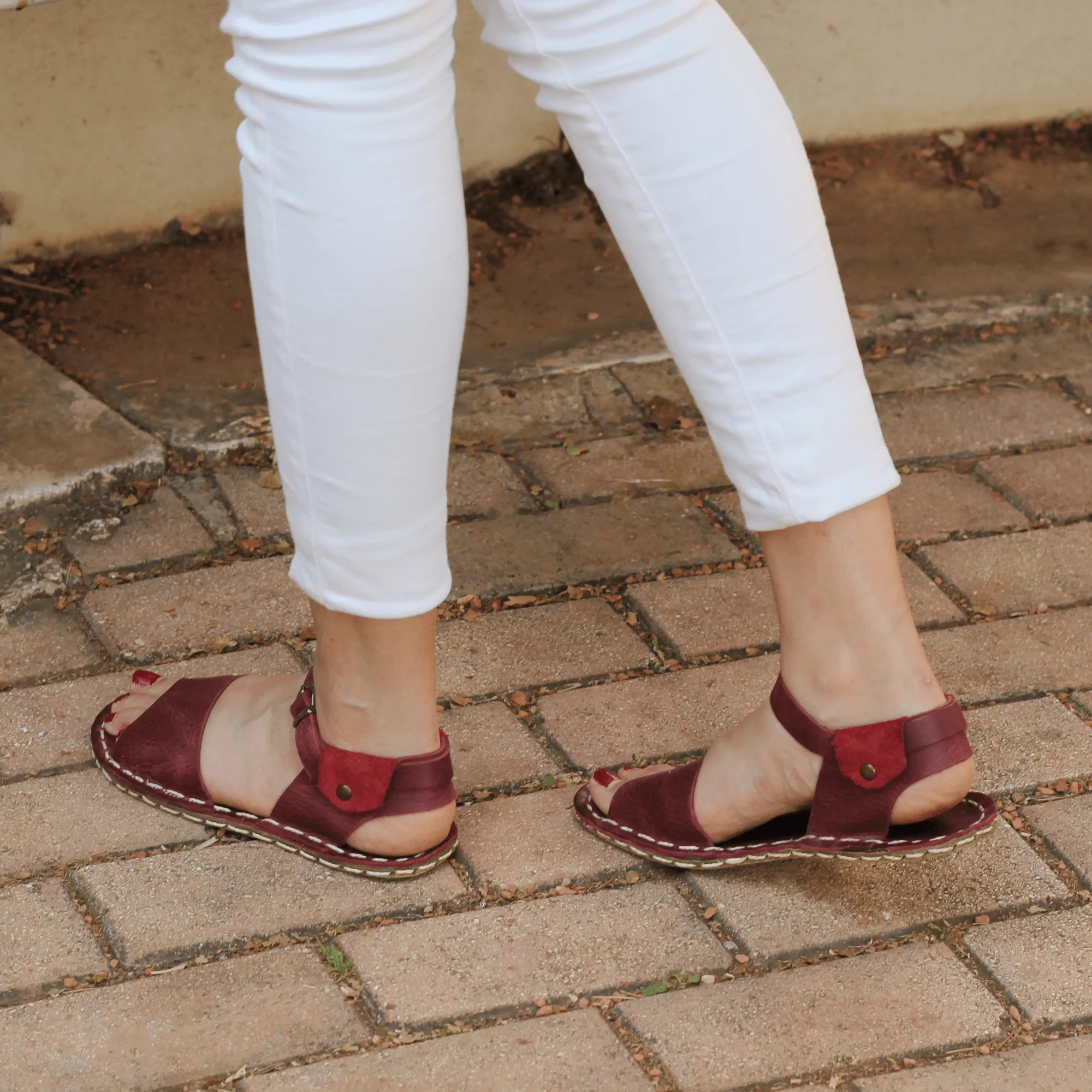 BAND Women's Burgundy Leather Barefoot Huarache Sandals