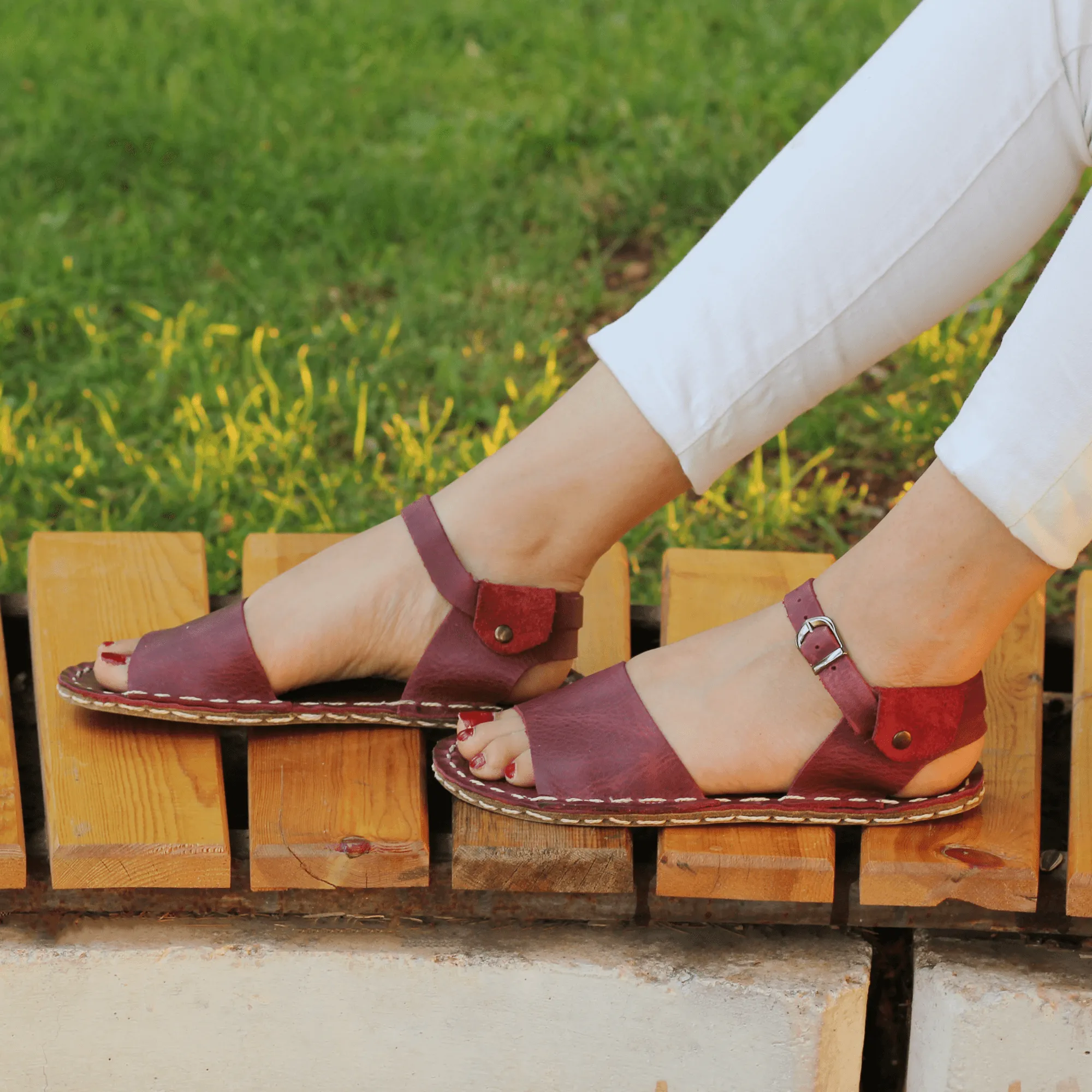 BAND Women's Burgundy Leather Barefoot Huarache Sandals