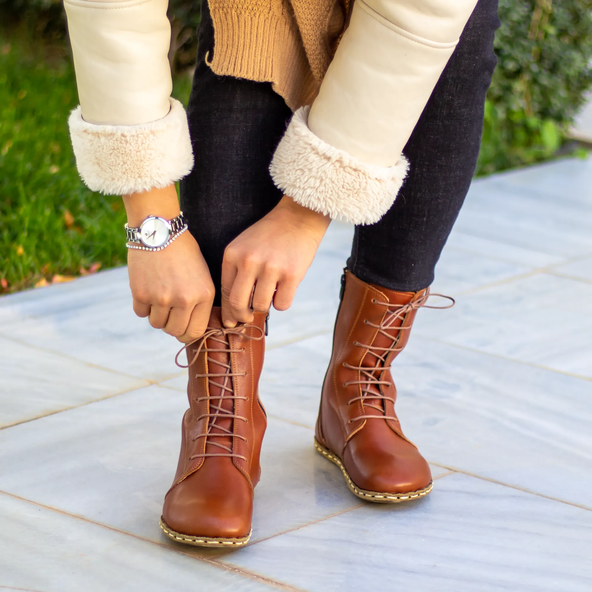 Barefoot Leather Lace-up Tornado Brown Boots for Women