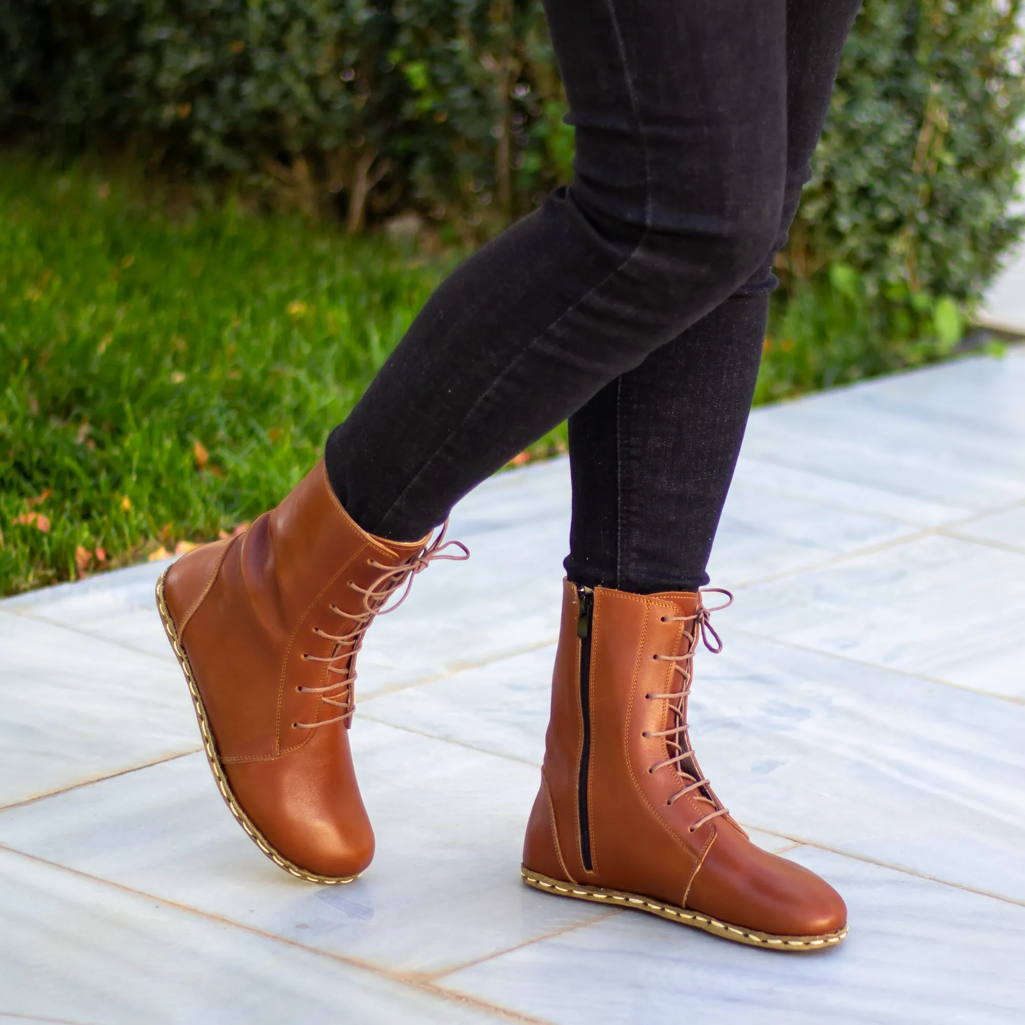 Barefoot Leather Lace-up Tornado Brown Boots for Women