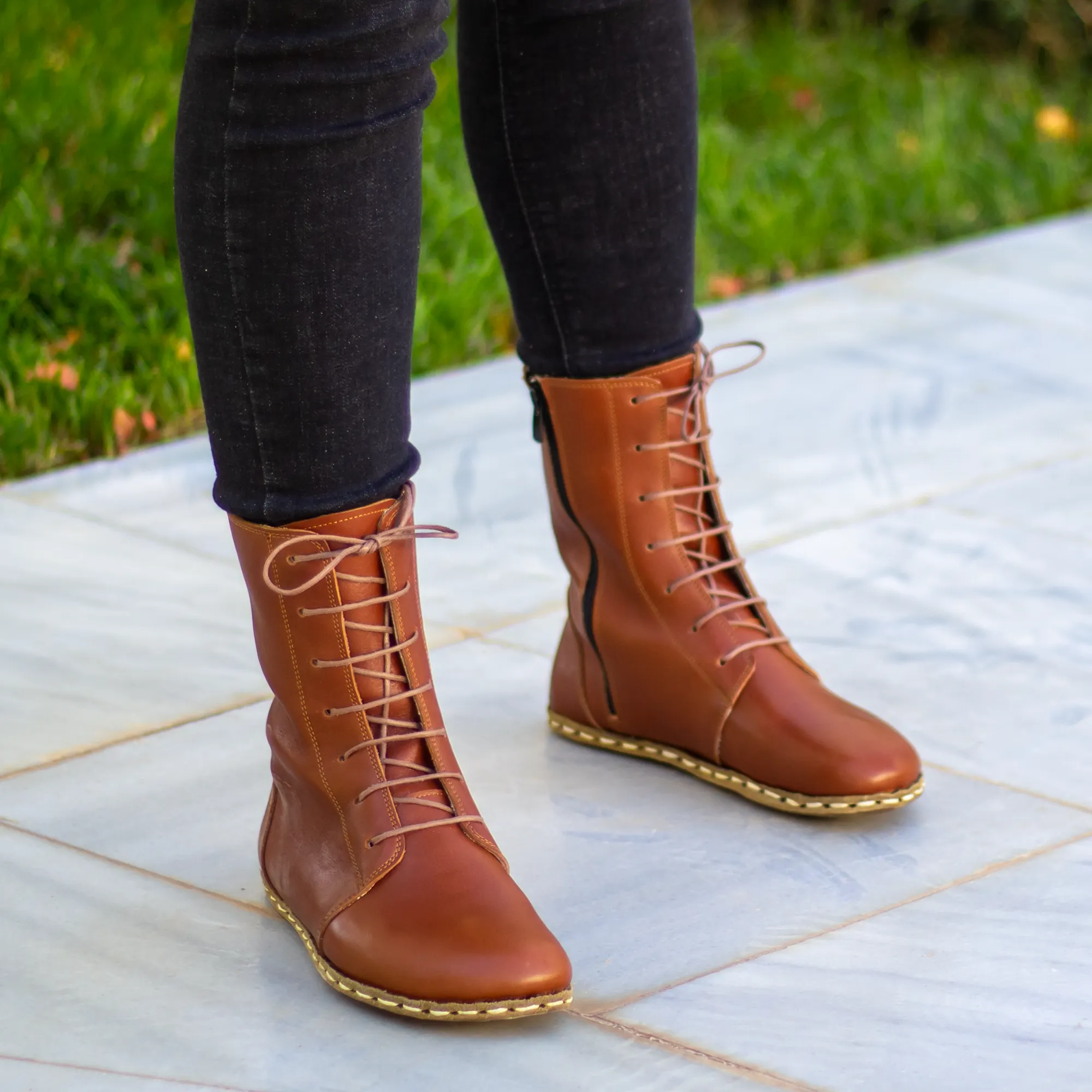 Barefoot Leather Lace-up Tornado Brown Boots for Women