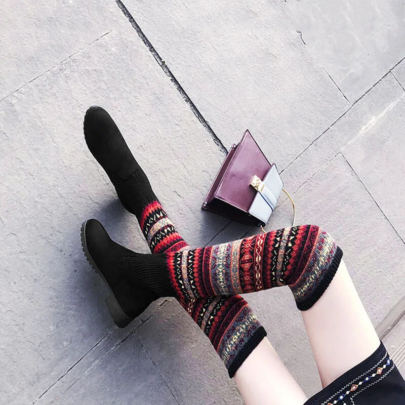 Black Suede Patchwork Folk-custom Over Knee Boots