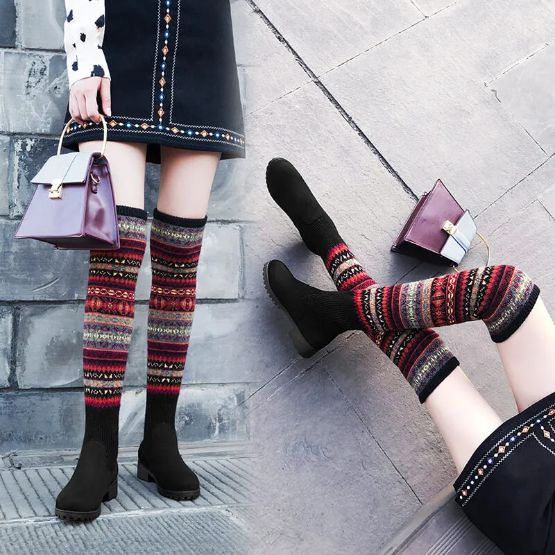 Black Suede Patchwork Folk-custom Over Knee Boots