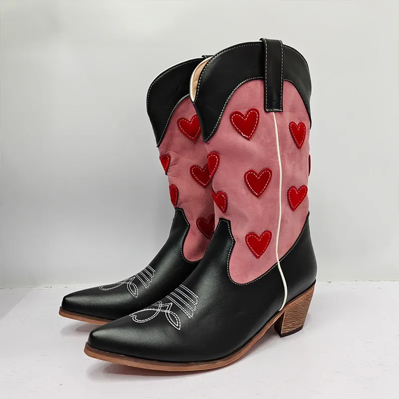 Black With Pink Valentine Heart Mid Calf Western Cowgirl Boots For Women & Teens