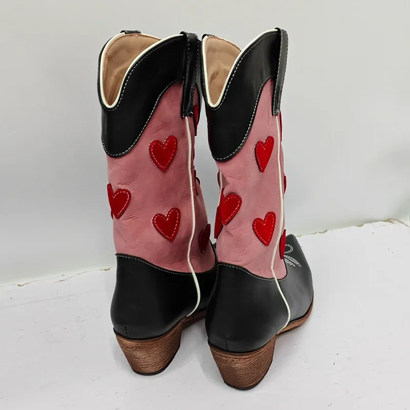 Black With Pink Valentine Heart Mid Calf Western Cowgirl Boots For Women & Teens