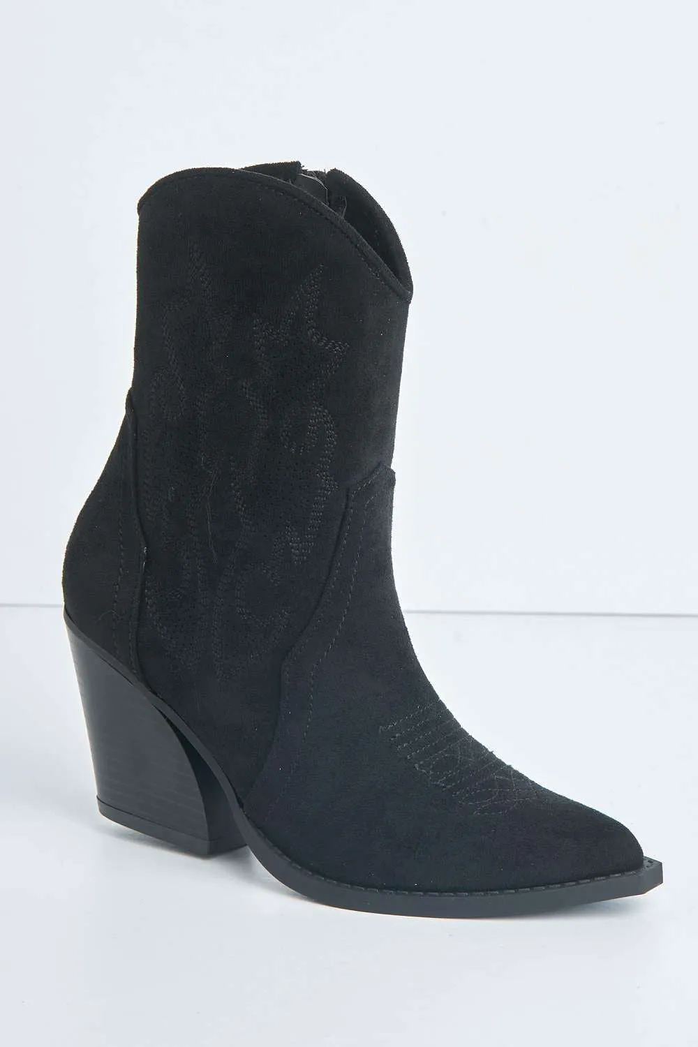 Bromley Detail Western Boots in Black Suede