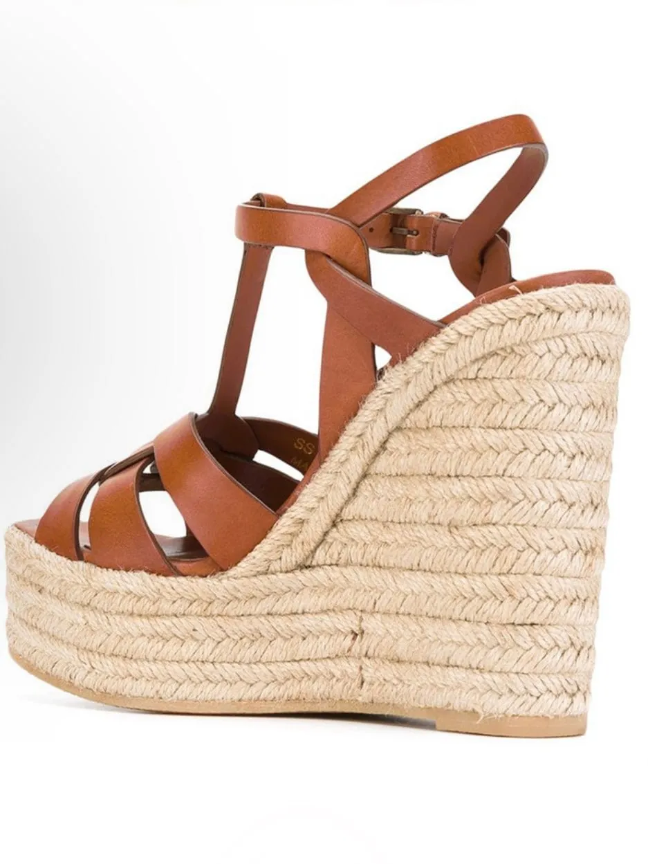 Brown wedge high heels sandals