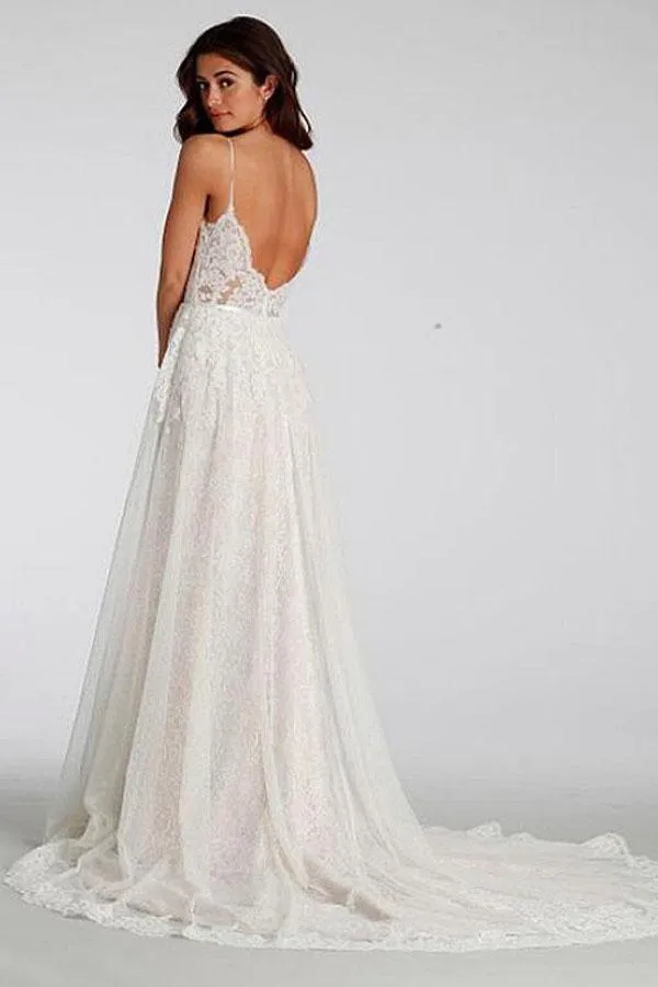 Chic Lace Beach Spaghetti Straps Long Wedding Dresses WD129