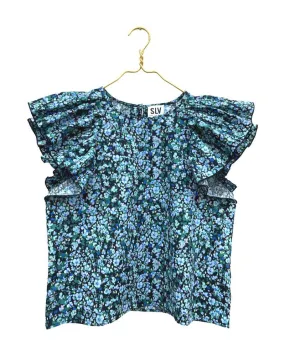 Cotton Floral Ruffle Top - Blues