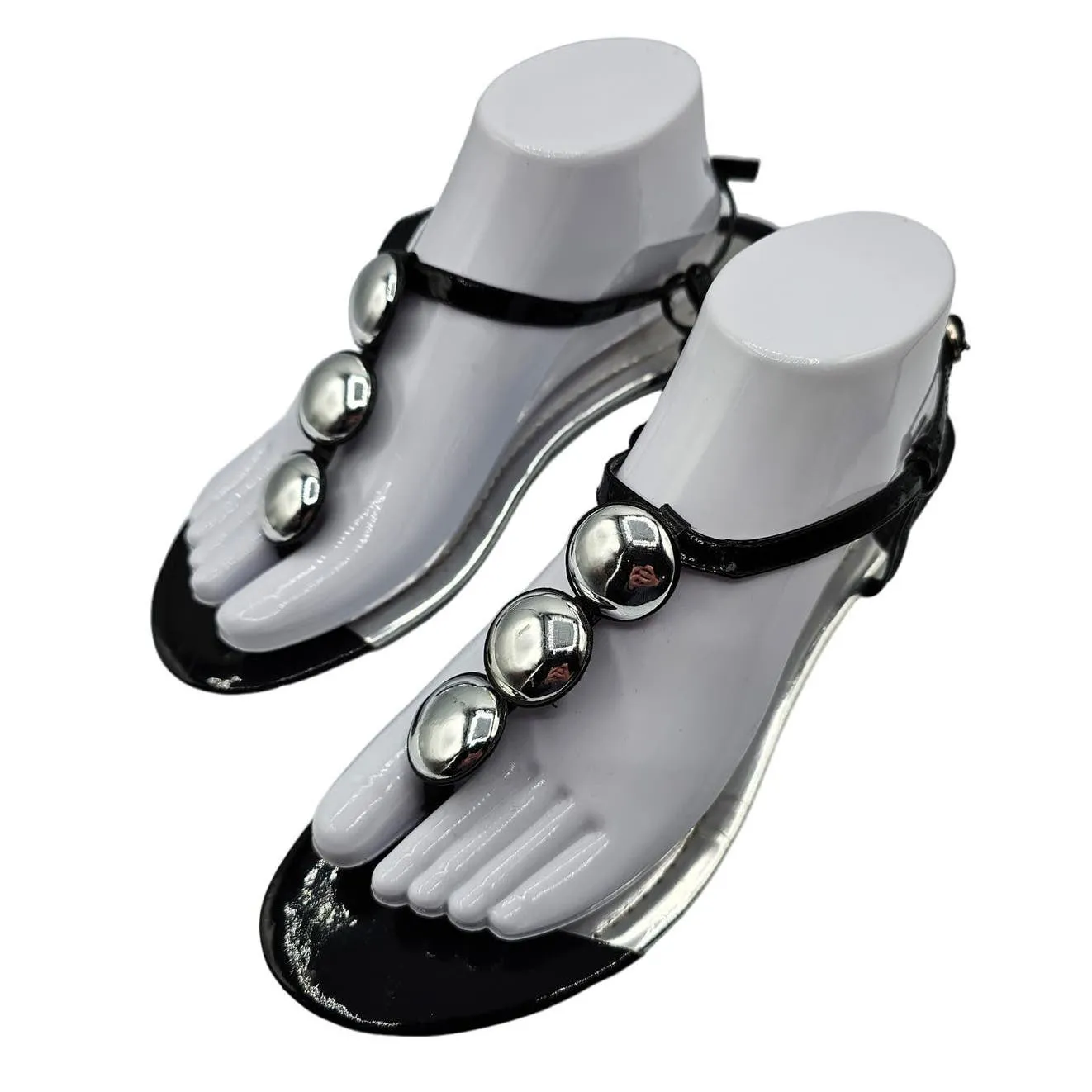 Enzo Angolini Womens Sz 8 1/2 Ankle Strap Sandals Black Silver Studs Flip Flops