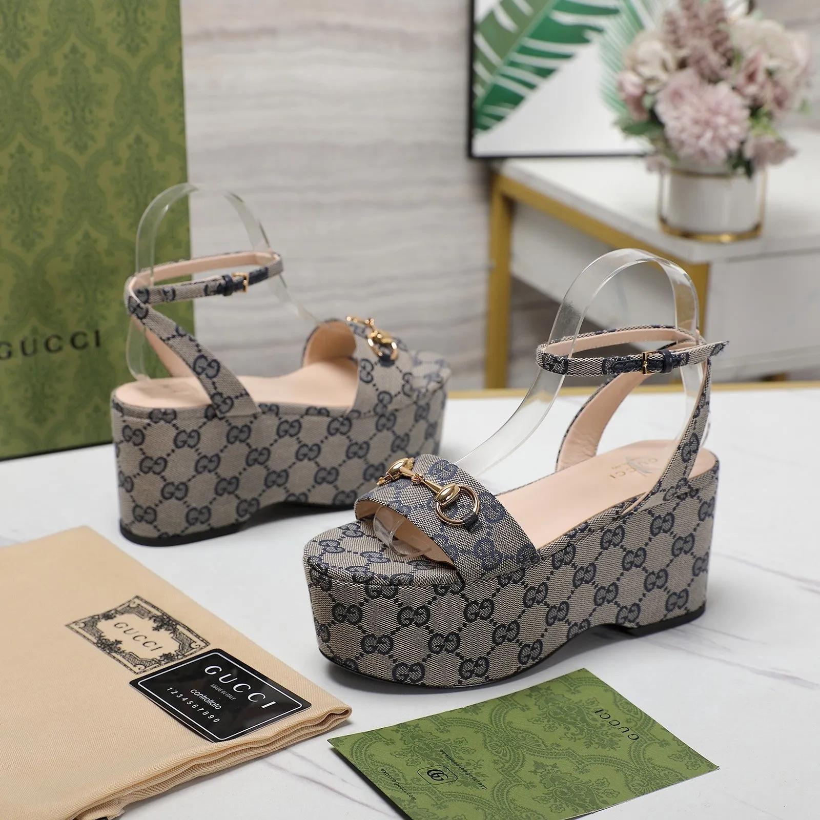 GG  Horsebit Wedges Sandals Light Grey