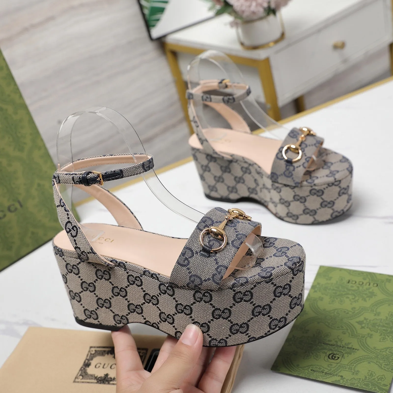 GG  Horsebit Wedges Sandals Light Grey