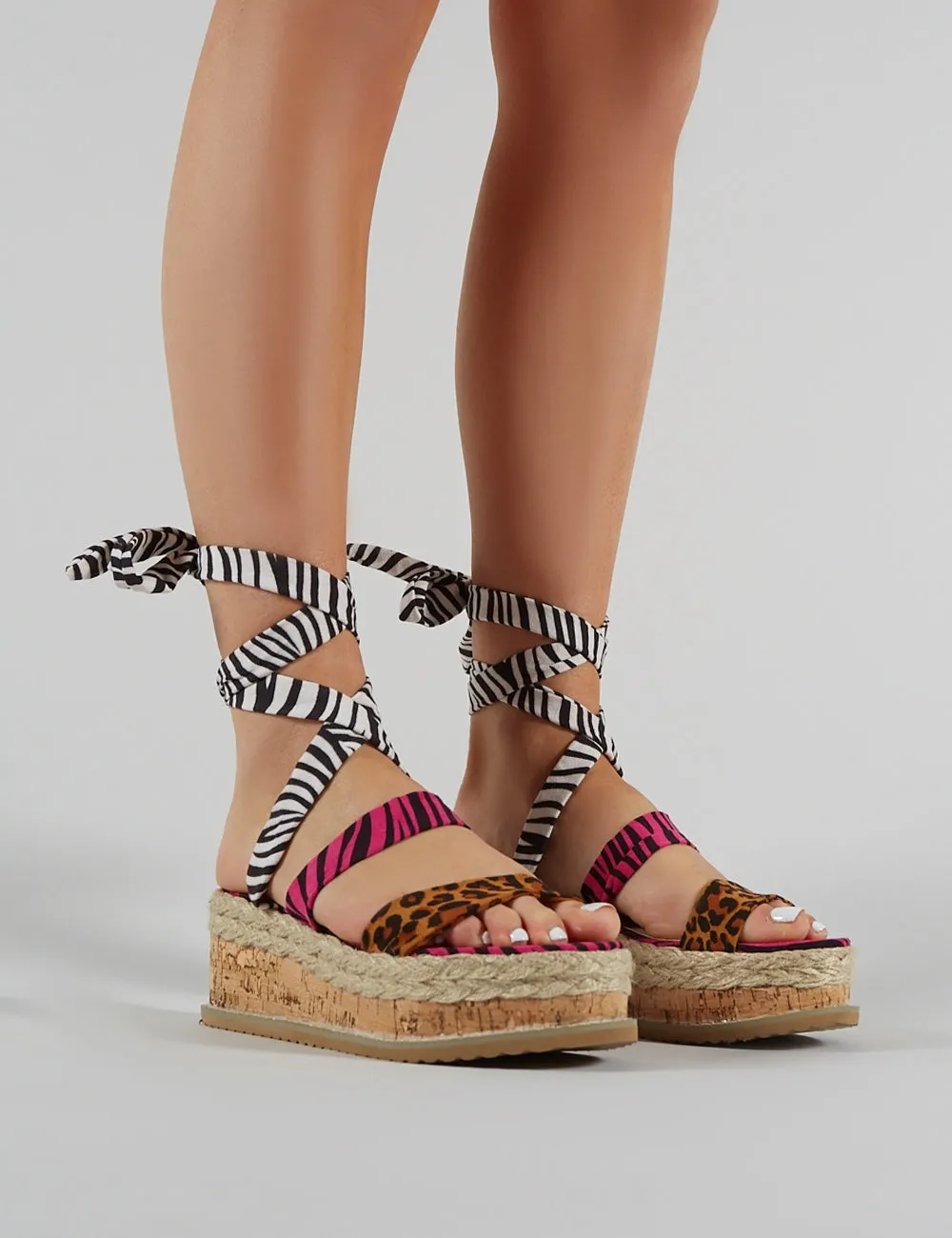 Presca Lace Up Sandals in Mixed Animal Print