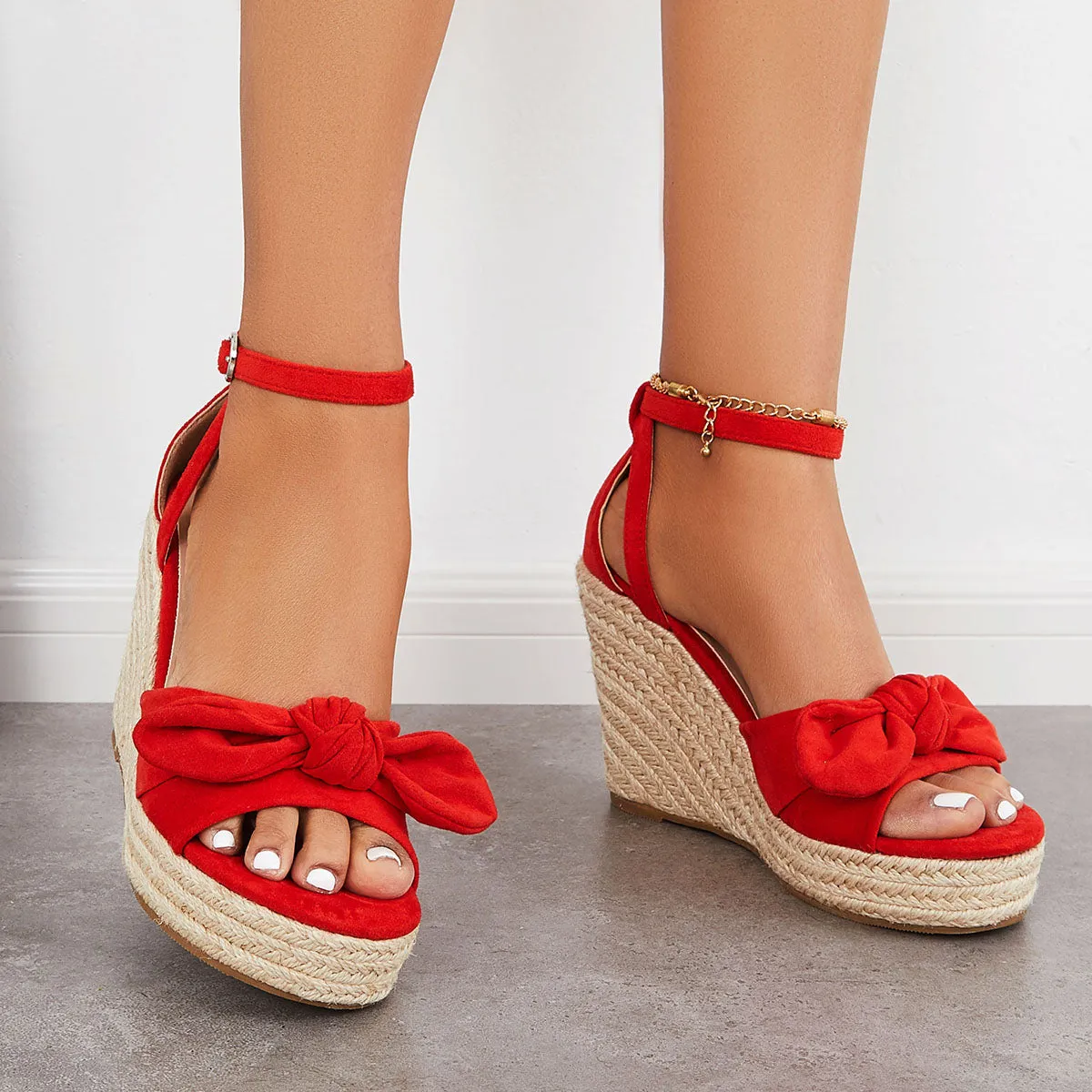 Sohiwoo Bowknot Espadrille Platform Wedges Ankle Strap Sandals