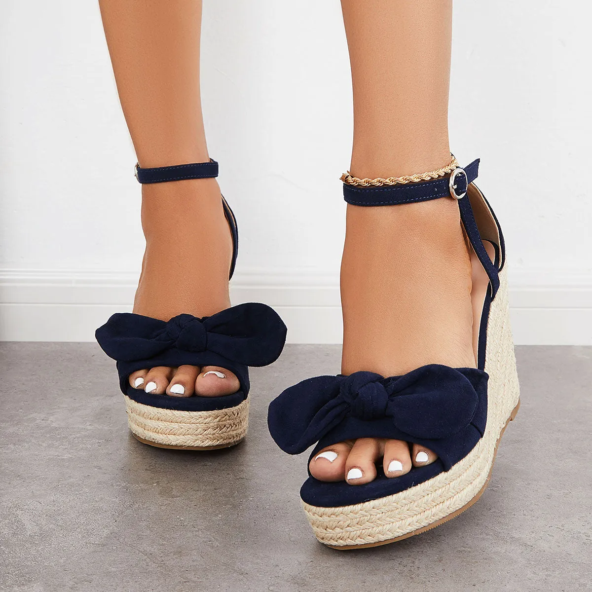 Sohiwoo Bowknot Espadrille Platform Wedges Ankle Strap Sandals