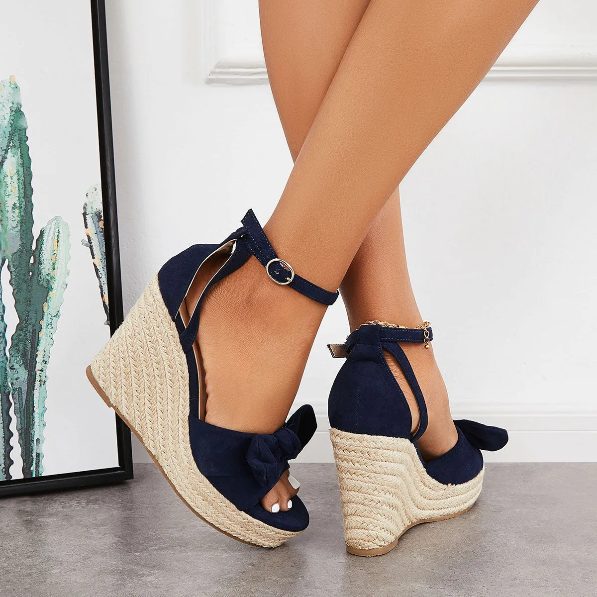 Sohiwoo Bowknot Espadrille Platform Wedges Ankle Strap Sandals