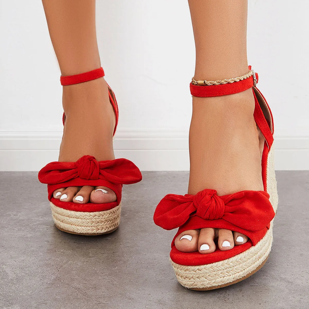 Sohiwoo Bowknot Espadrille Platform Wedges Ankle Strap Sandals