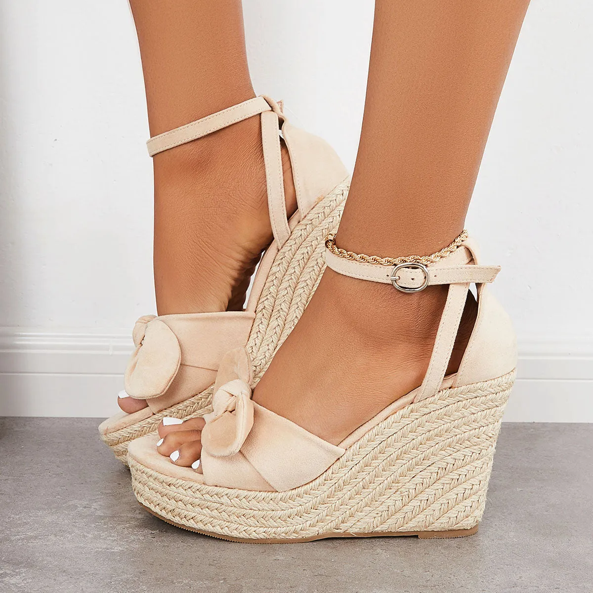 Sohiwoo Bowknot Espadrille Platform Wedges Ankle Strap Sandals