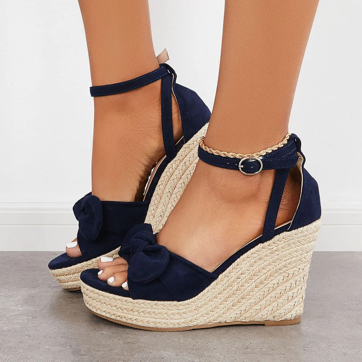 Sohiwoo Bowknot Espadrille Platform Wedges Ankle Strap Sandals