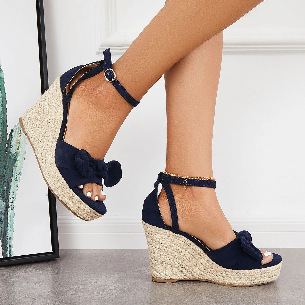 Sohiwoo Bowknot Espadrille Platform Wedges Ankle Strap Sandals