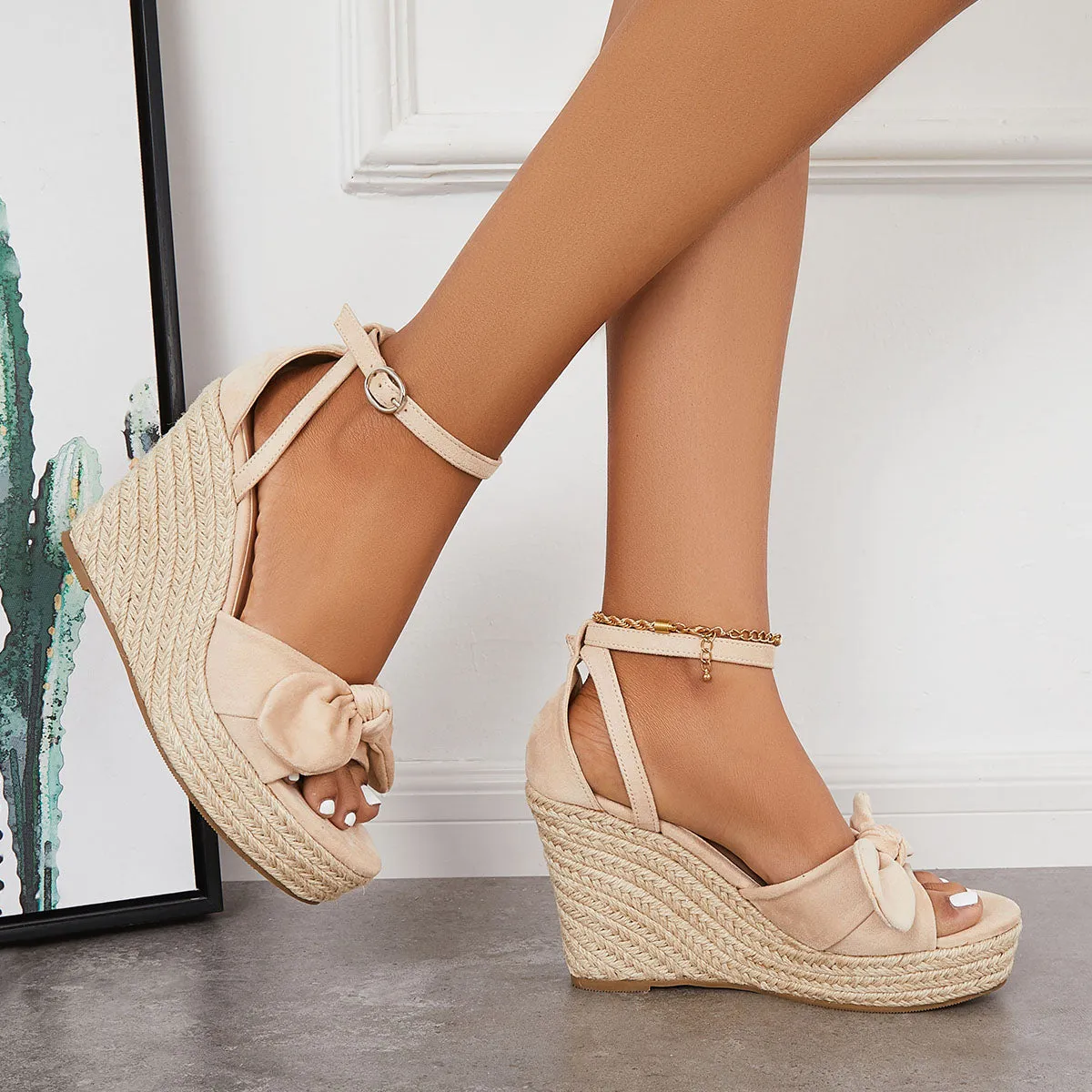 Sohiwoo Bowknot Espadrille Platform Wedges Ankle Strap Sandals