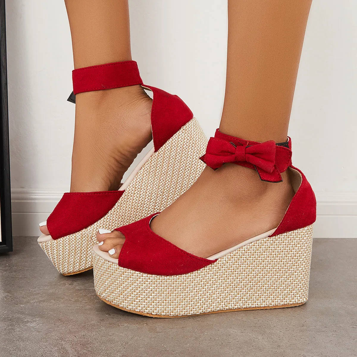 Sohiwoo Peep Toe Espadrille Platform Wedges Velcro Strap Sandals