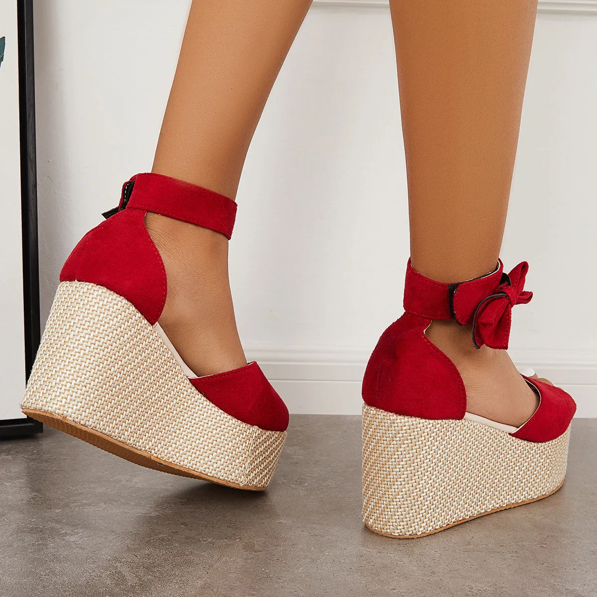 Sohiwoo Peep Toe Espadrille Platform Wedges Velcro Strap Sandals