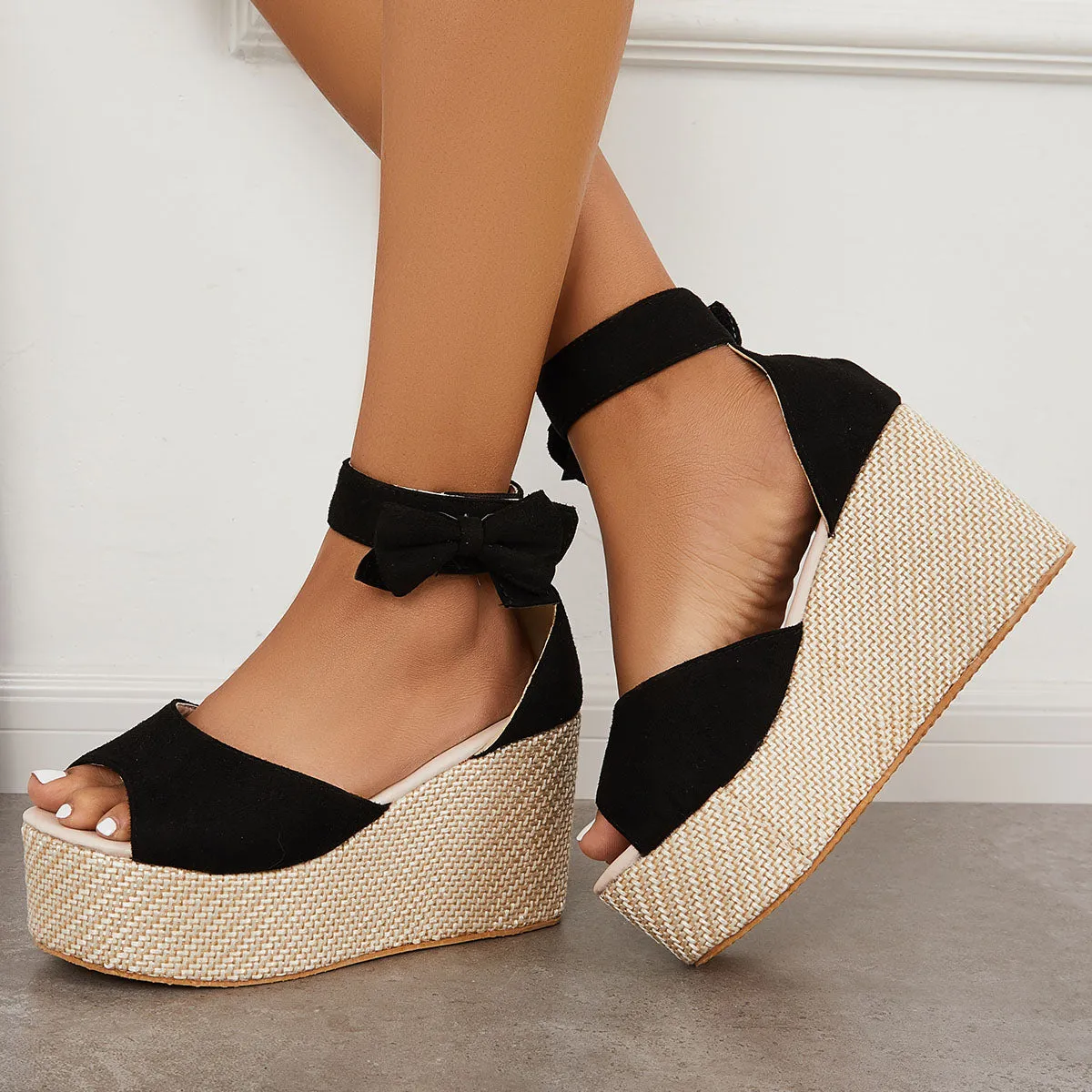 Sohiwoo Peep Toe Espadrille Platform Wedges Velcro Strap Sandals