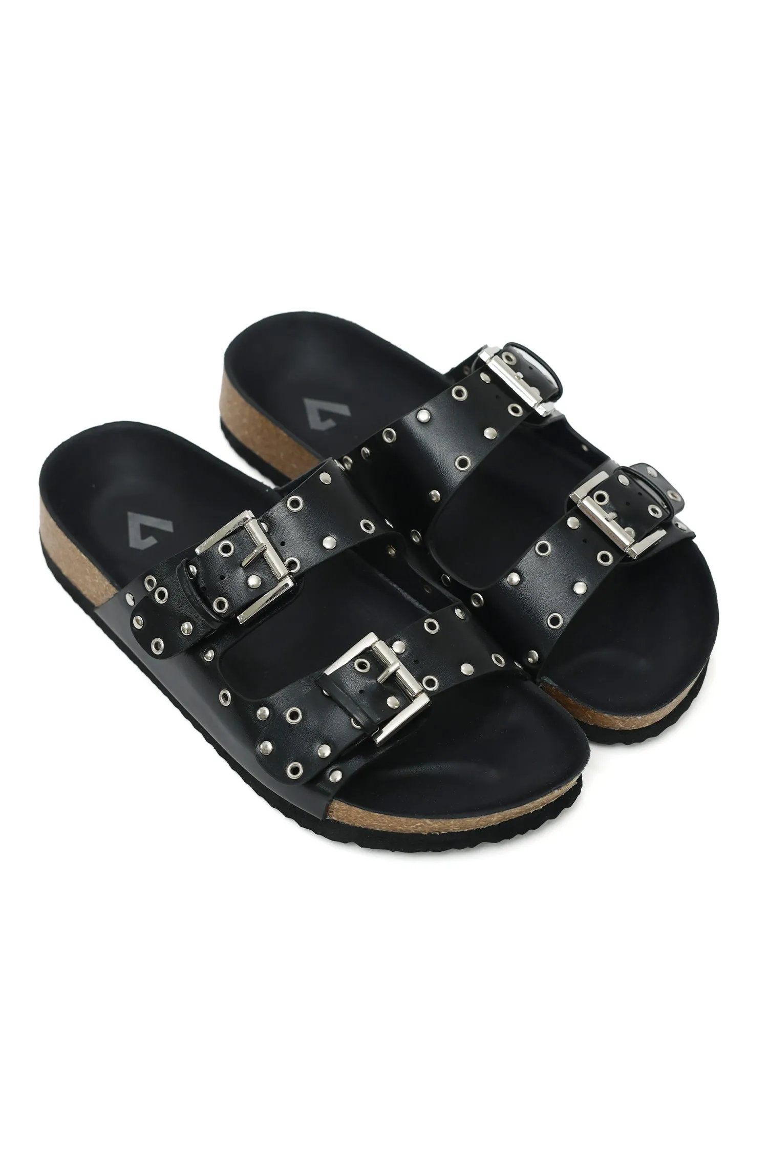 STUDDED DUAL BUCKLE SLIDES-BLACK