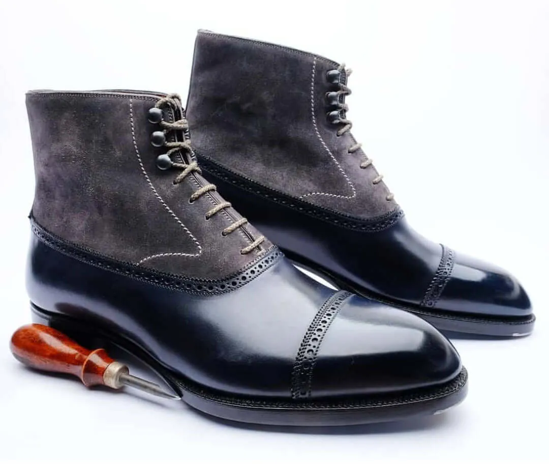 Stylish Handmade Men's Black & Gray leather & Suede Boots, Men's Lace up Cap Toe Boots