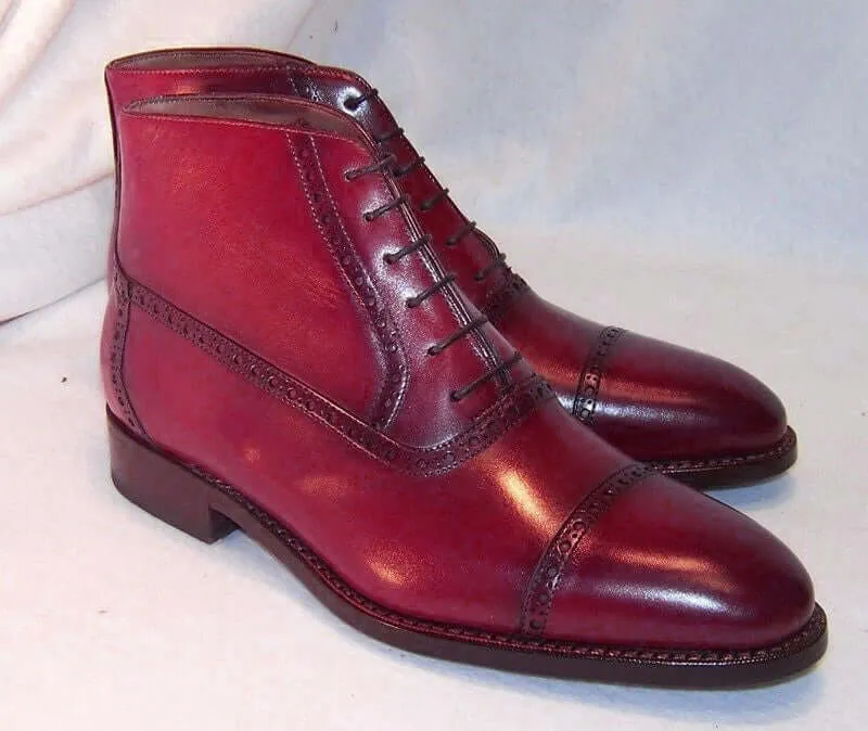 Stylish Handmade Men's Burgundy Cap Toe Lace Up Boots, Men Ankle boots