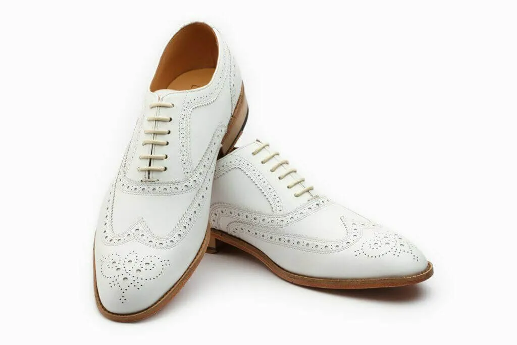 Stylish Men's White Brogue Toe Wing Tip Premium Leather Oxford Handmade Shoes