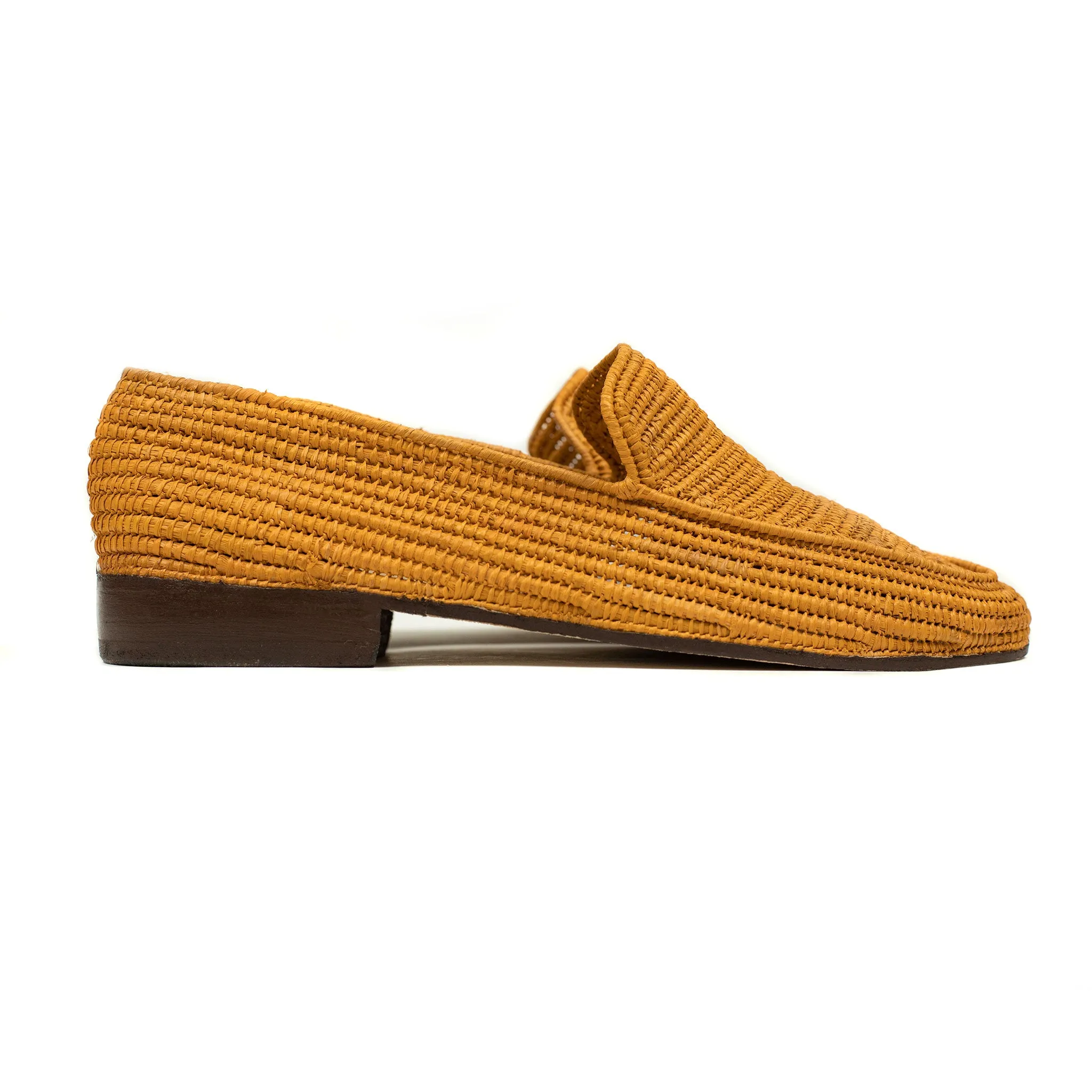 x El Karti: handmade Moroccan raffia moccasin loafers, mustard yellow