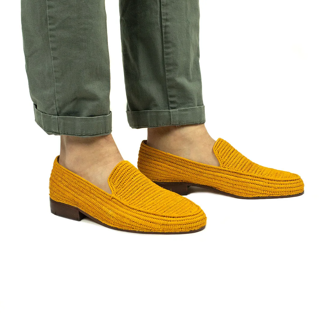 x El Karti: handmade Moroccan raffia moccasin loafers, mustard yellow