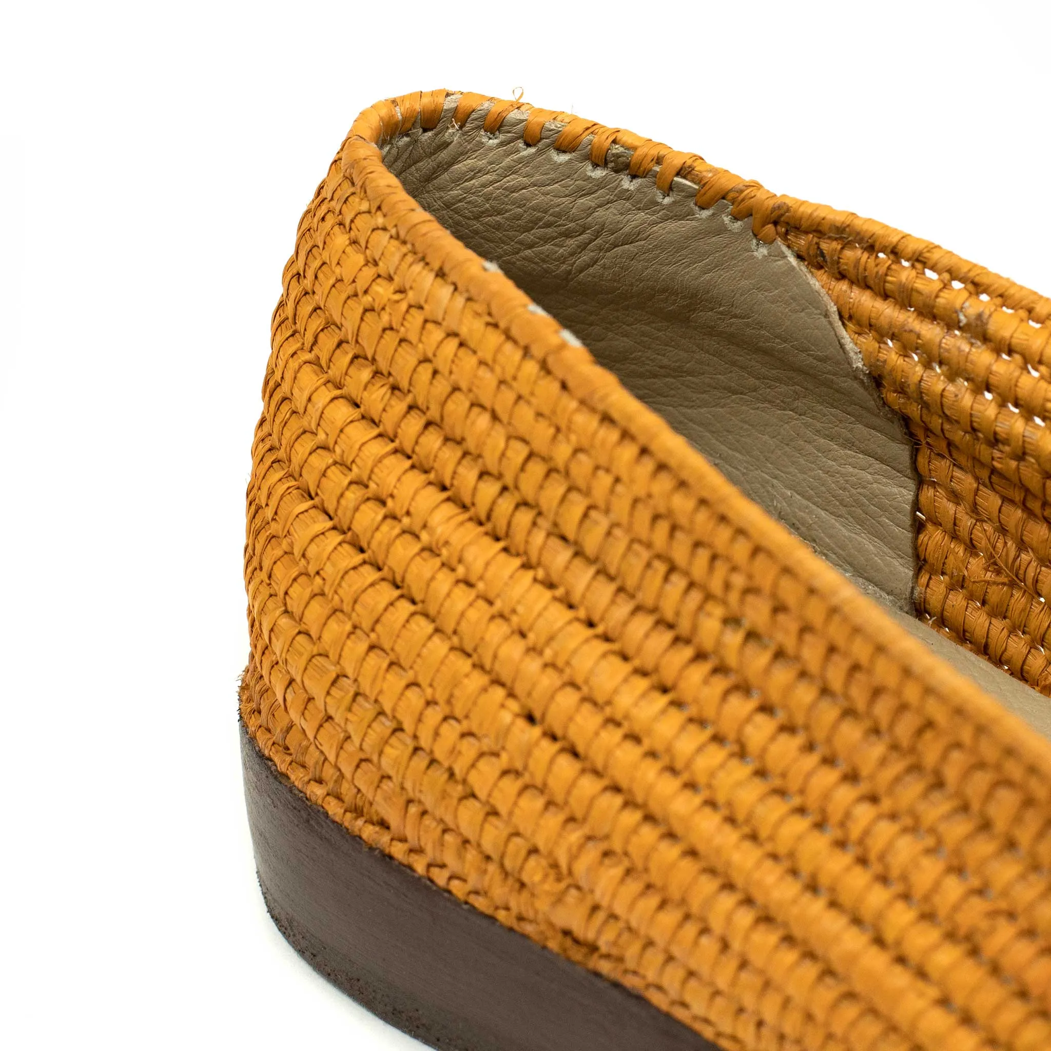 x El Karti: handmade Moroccan raffia moccasin loafers, mustard yellow