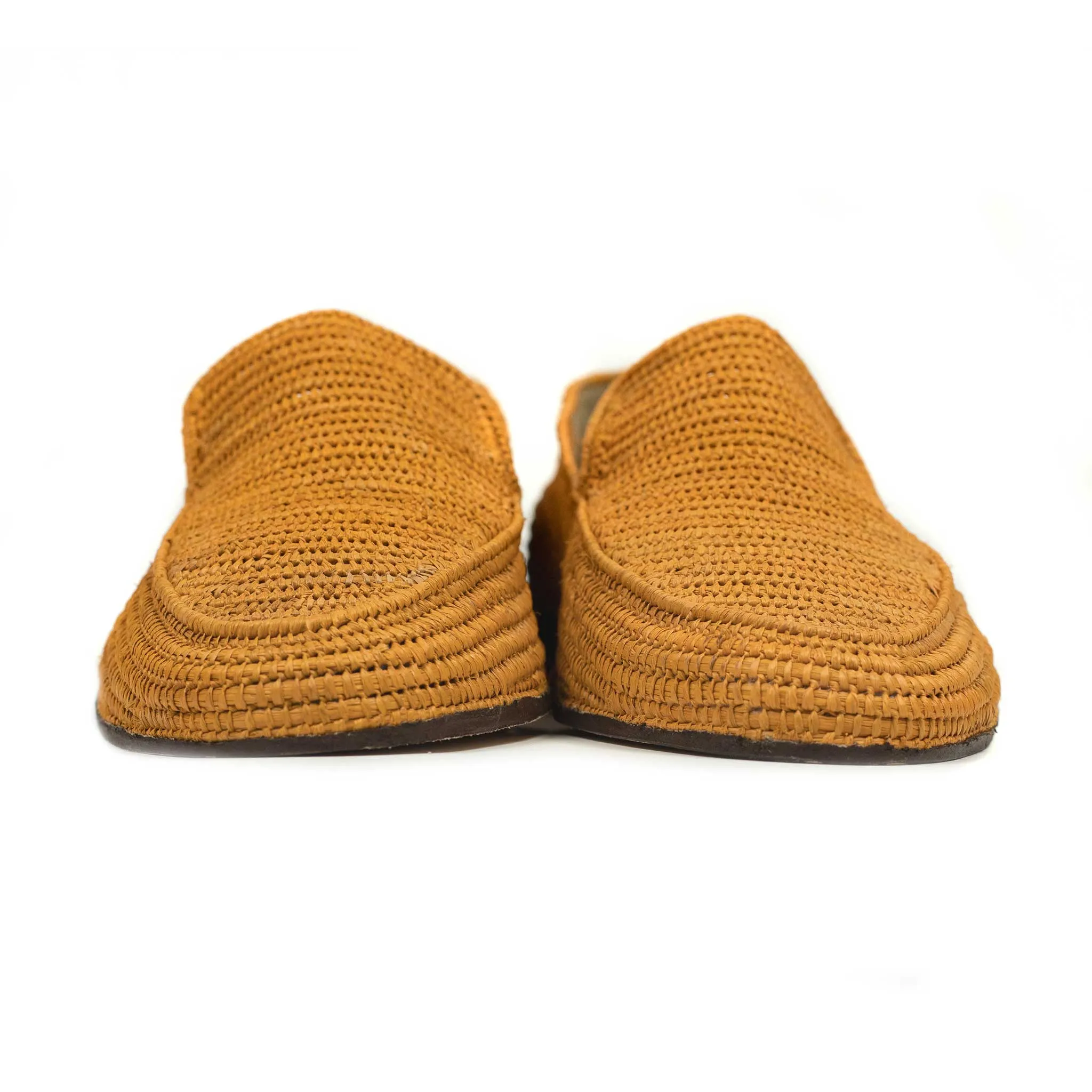 x El Karti: handmade Moroccan raffia moccasin loafers, mustard yellow